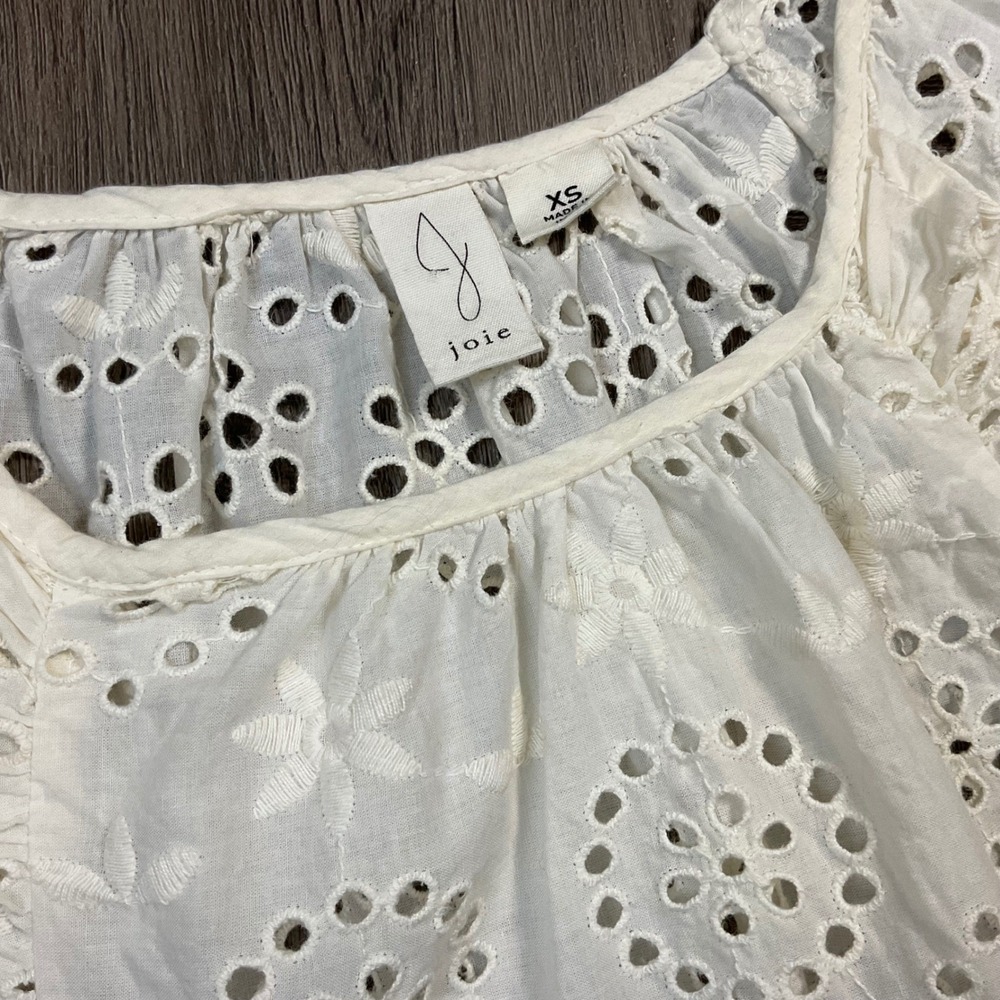 Joie Eyelet Long Sleeve Ruffle Trim Blouse Womens XS Ivory Cottagecore Boho - Picture 4 of 9